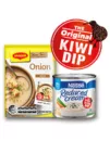The Original Kiwi Dip logo, with packet of Maggi Onion Dip and tin of Nestle Reduced Cream