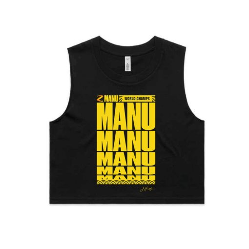 Men's black crop singlet with yellow MANU MANU MANU MANU artwork