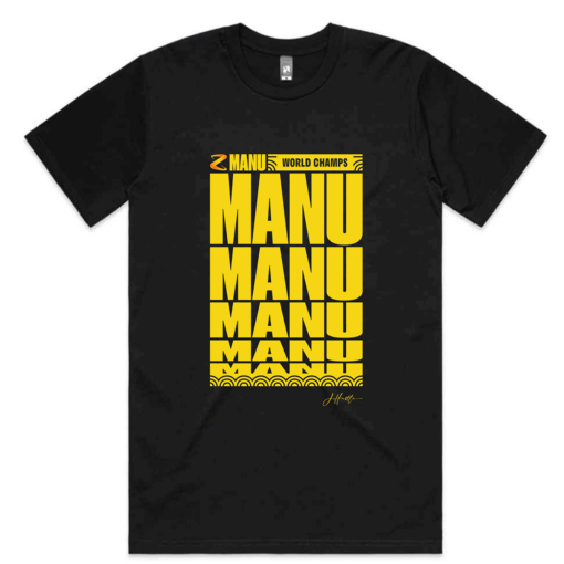 Men's black tee with yellow MANU MANU MANU MANU artwork