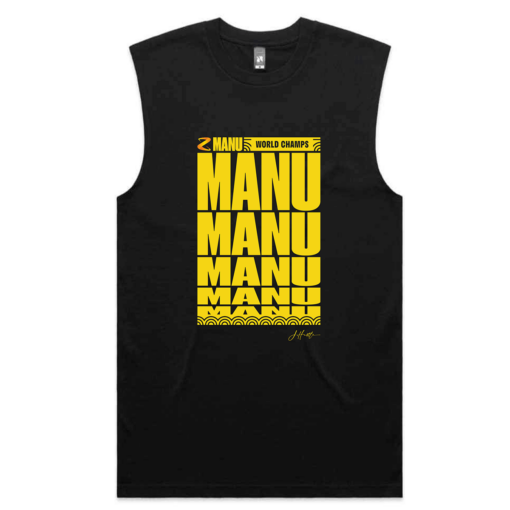 Men's black singlet with yellow MANU MANU MANU MANU artwork
