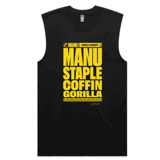 Men's black singlet with yellow MANU STAPLE COFFIN GORILLA artwork