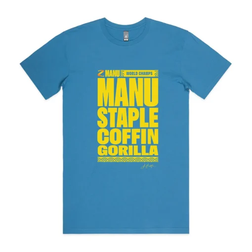 Men's Blue T-shirt with the words 'Manu Staple Coffin Gorilla' in yellow on the front, with J Hustle signature