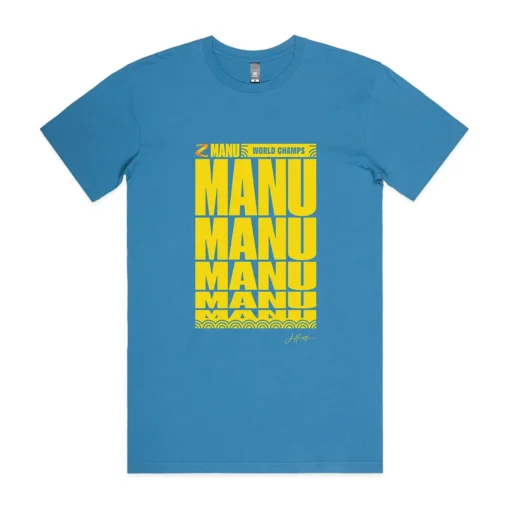 Men's Blue T-shirt with the Manu World Champs artwork in yellow with J Hustle signature