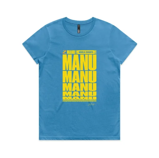 Women's Blue T-shirt with the Manu World Champs artwork in yellow with J Hustle signature