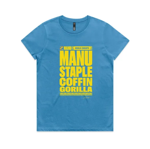 Women's Blue T-shirt with the words 'Manu Staple Coffin Gorilla' in yellow on the front, with J Hustle signature