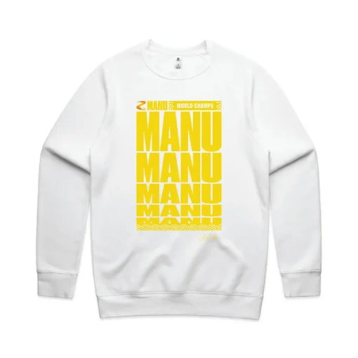 Men's Manu crew - white with yellow Manu World Champs artwork and J Hustle signature