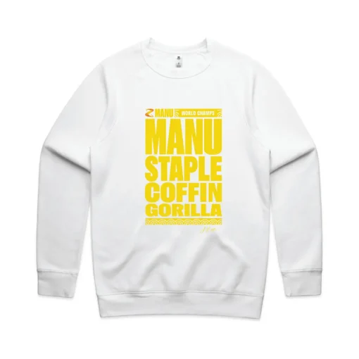 Men's White crew with the words 'Manu Staple Coffin Gorilla' in yellow on the front, with J Hustle signature