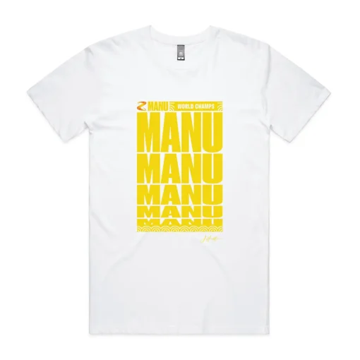 Men's White T-shirt with the Manu World Champs artwork in yellow with J Hustle signature