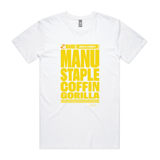 Men's White T-shirt with the words 'Manu Staple Coffin Gorilla' in yellow on the front, with J Hustle signature