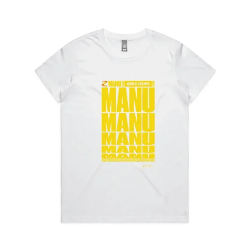 Women's White T-shirt with the Manu World Champs artwork in yellow with J Hustle signature