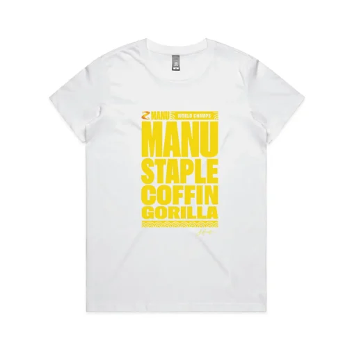 Women's White T-shirt with the words 'Manu Staple Coffin Gorilla' in yellow on the front, with J Hustle signature